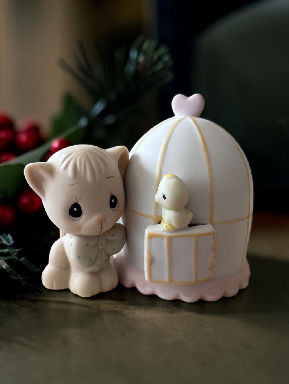 Precious Moments Vintage Porcelain Kitten and Birdcage Figurine